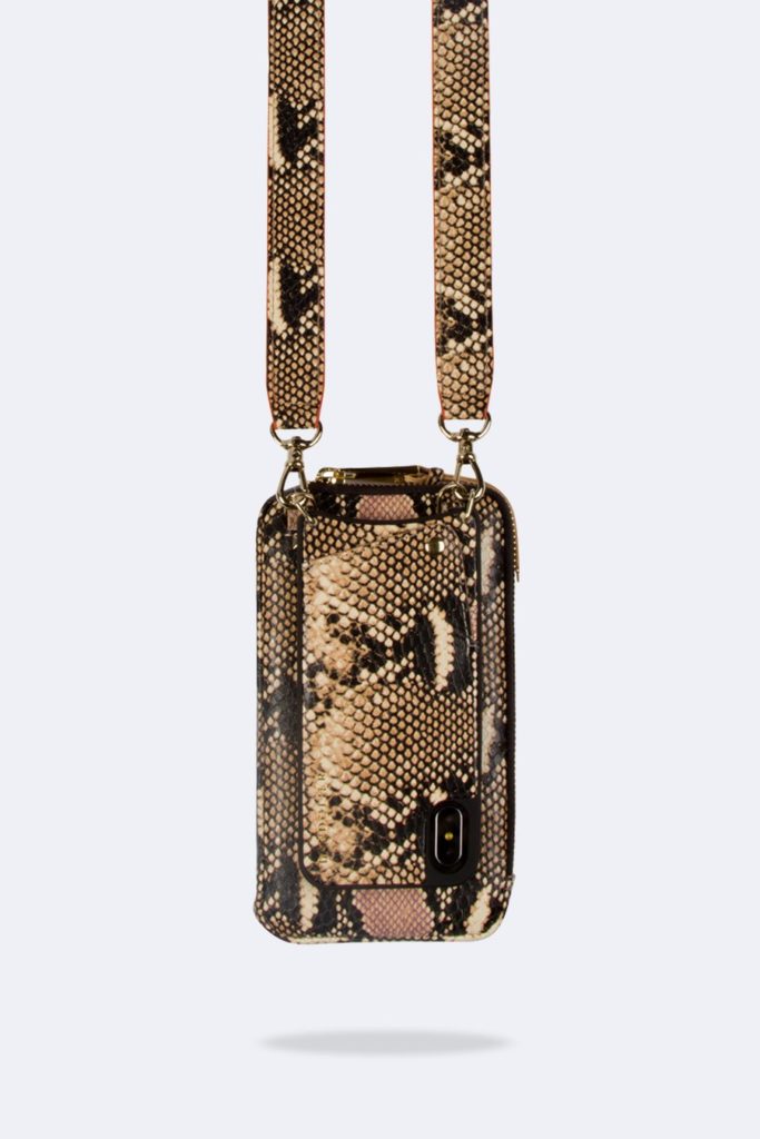 New Bandolier crossbody iPhone holder with pouch in faux snake skin