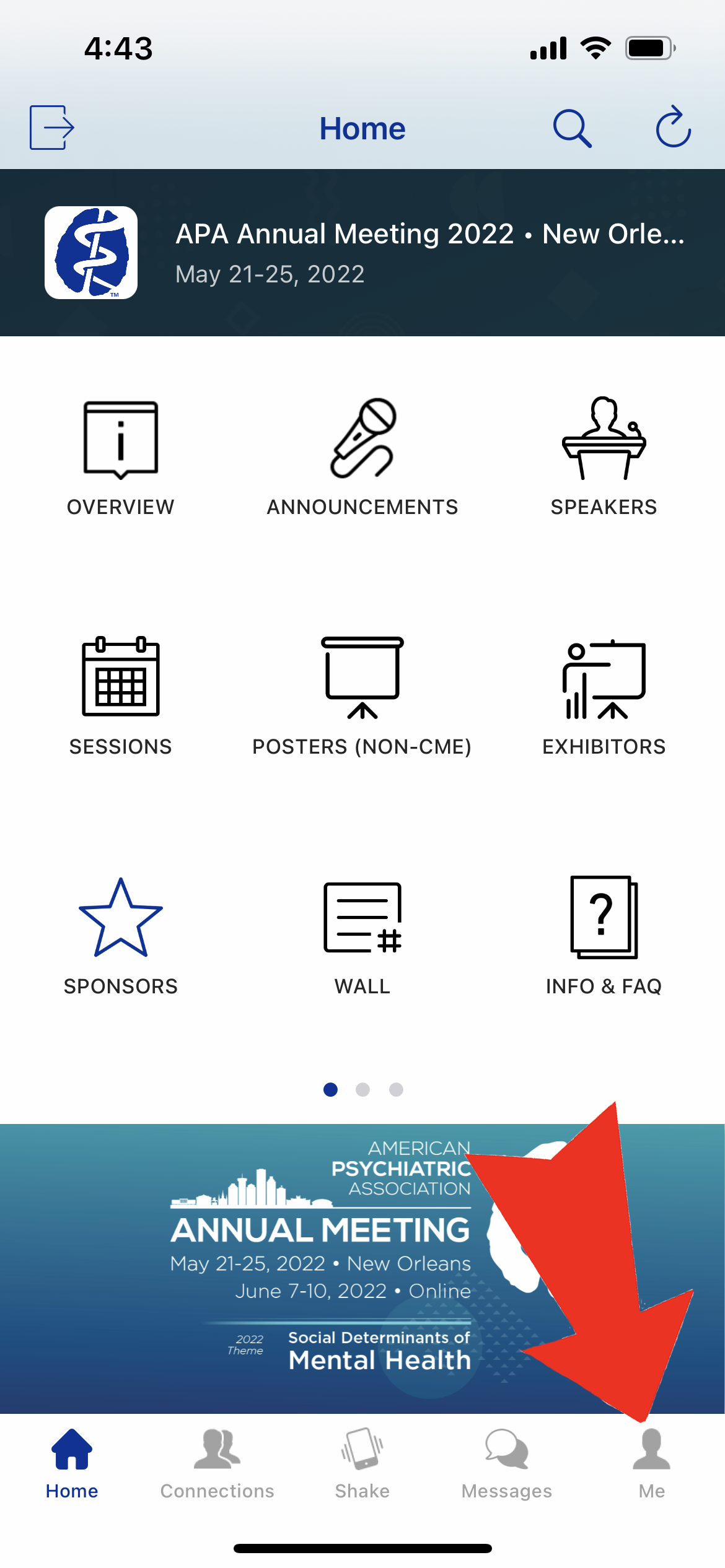 Screenshot of the home screen of the app with an arrow pointing to the Me icon.